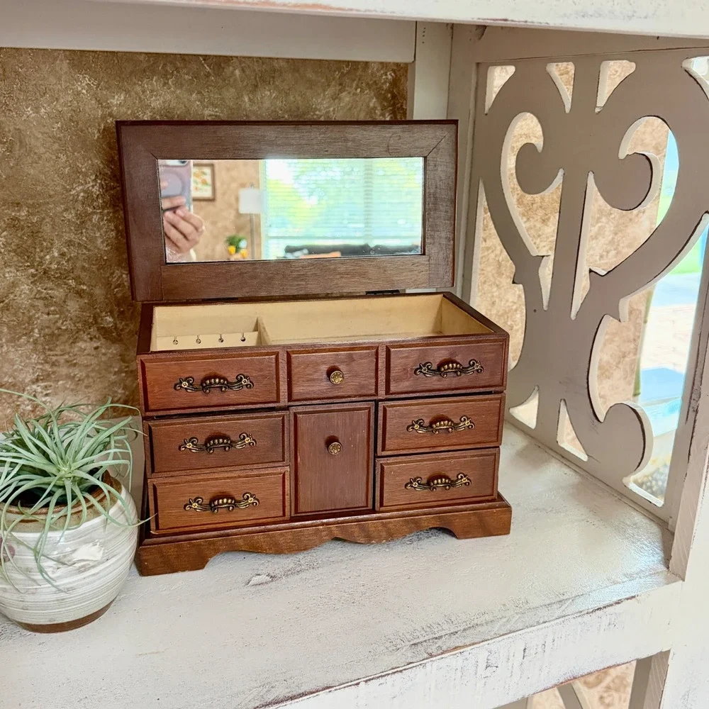 Vintage Wooden Jewelry Box Miniature Dresser Chest Mirror Ring Drawer Organizer
